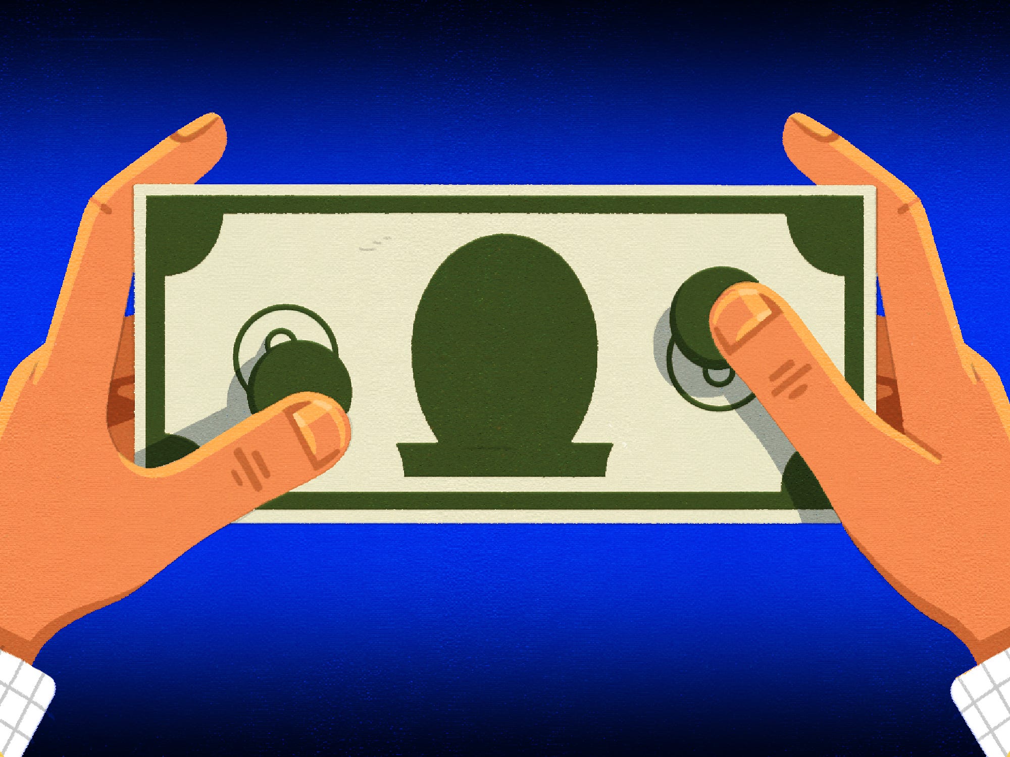 Hand holding a video game joystick designed to look like a dollar sign.