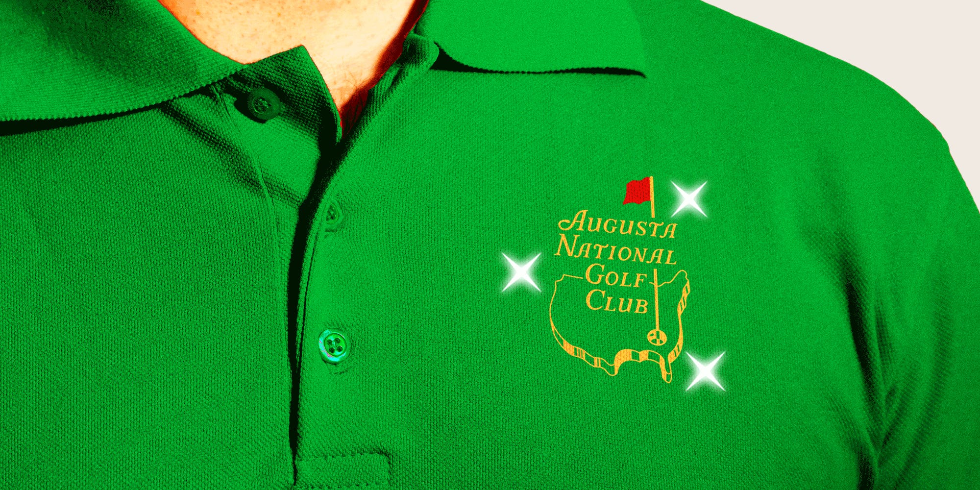 A close up of a man wearing a polo shirt and the golf club logo on the chest