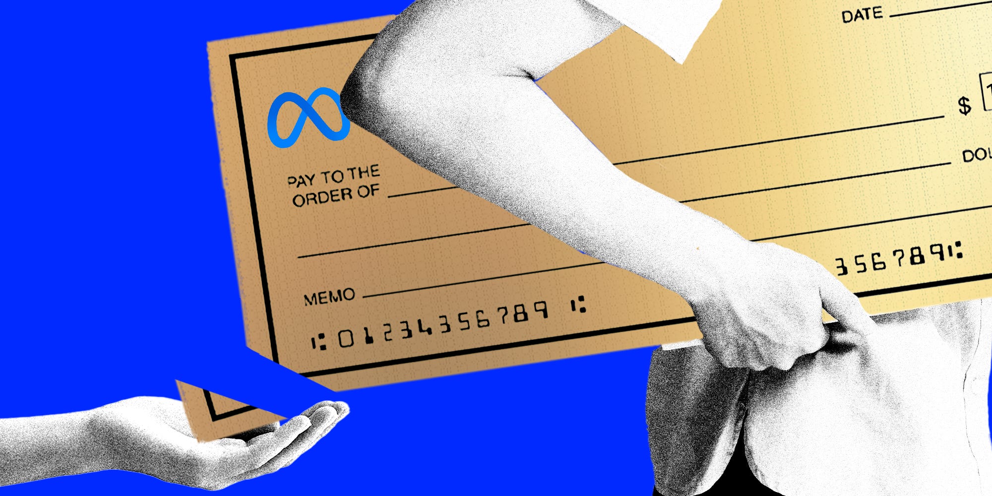 Person carrying golden Meta check under their arm with a person holding their hand out with the corner of the check