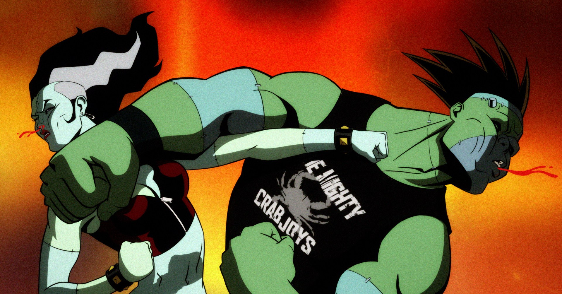 The Bride and Frankenstein in the animated DCU series Creature Commandos level mighty haymakers at each other, punching and being punched simultaneously. They’re wearing ‘90s punk rock clothing.