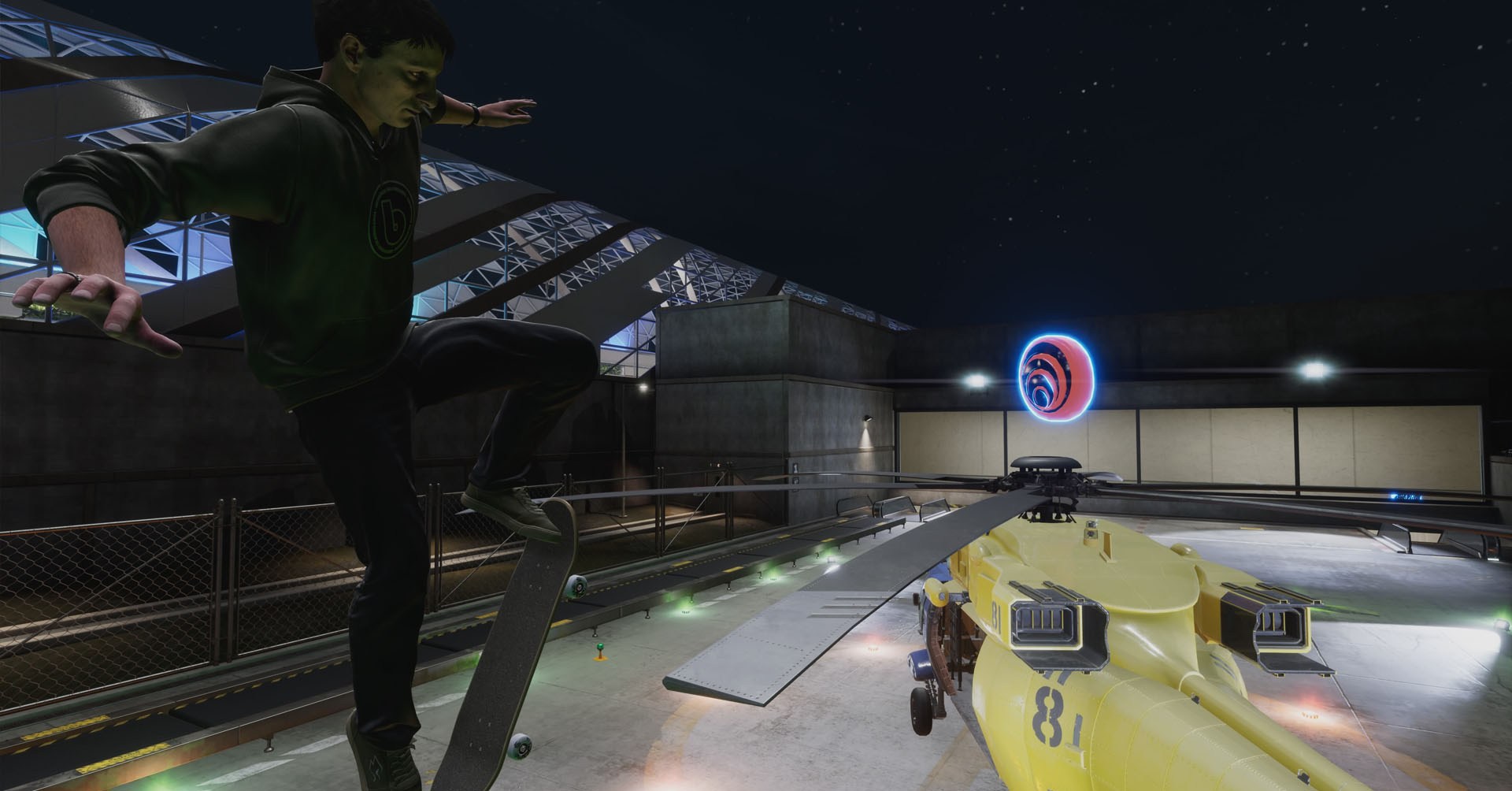 A Tony Hawk's Pro Skater 3+4 screenshot showing a character jumping over a helicopter.