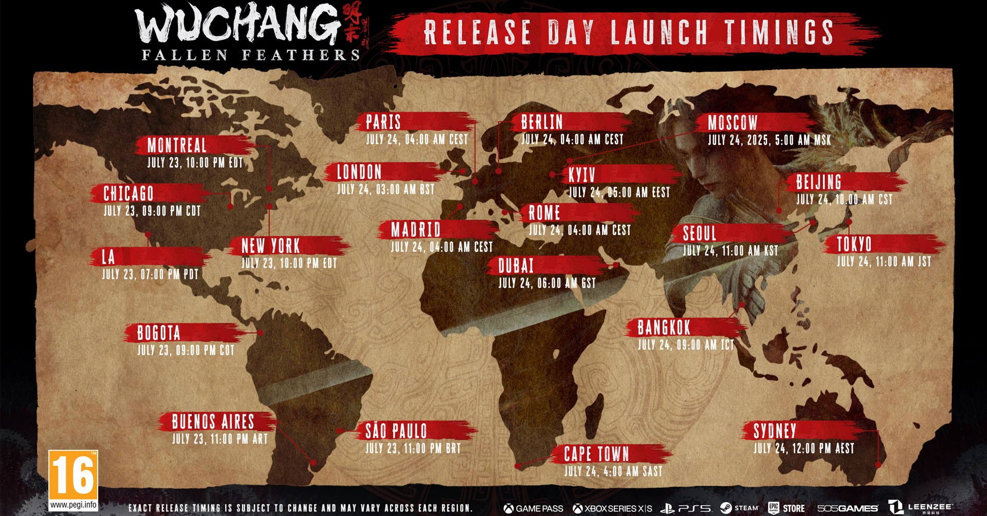 A map showing the release time of Wuchang: Fallen Feathers in different countries.