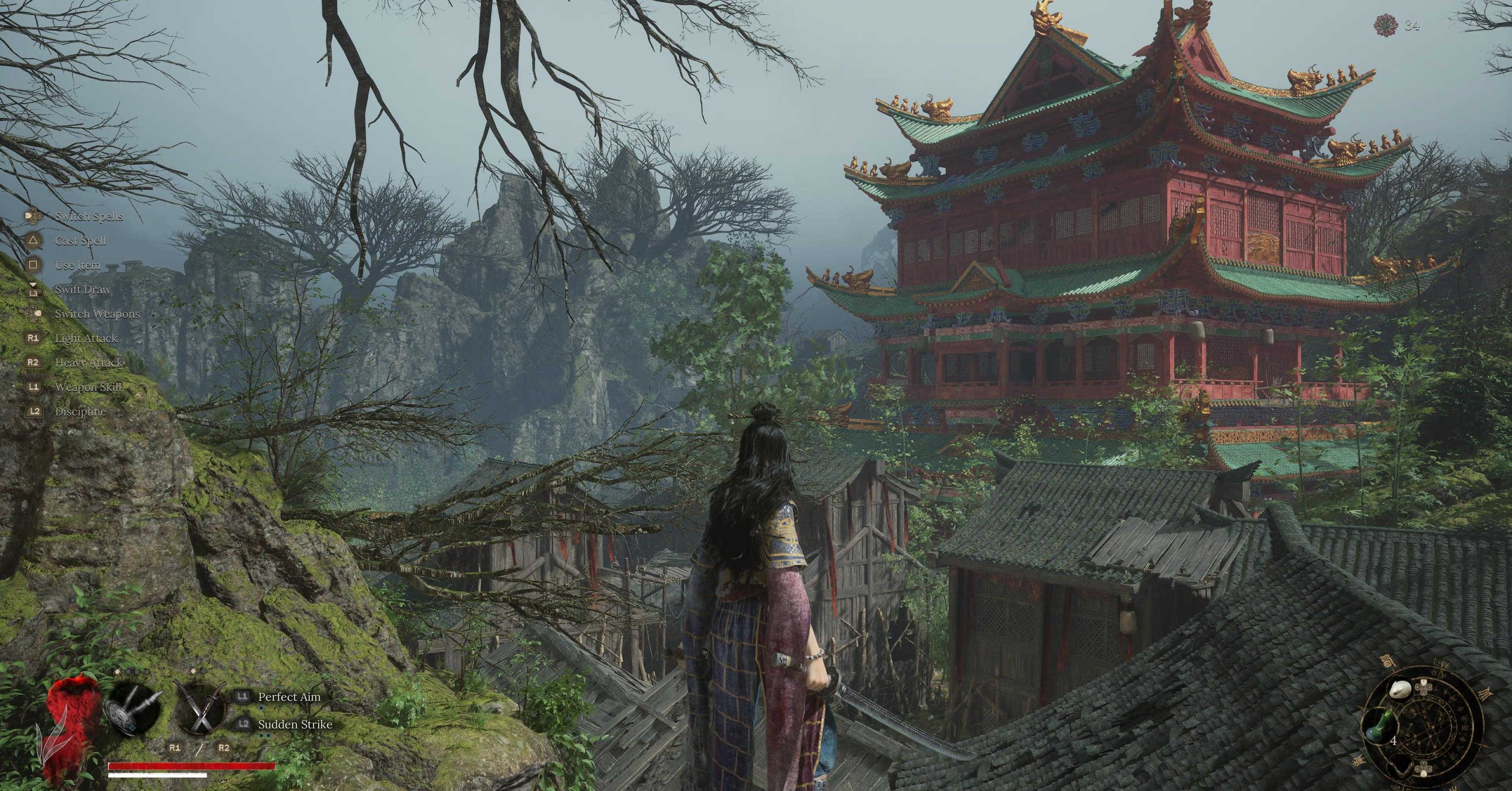Wuchang stares at a building in Fallen Feathers key art
