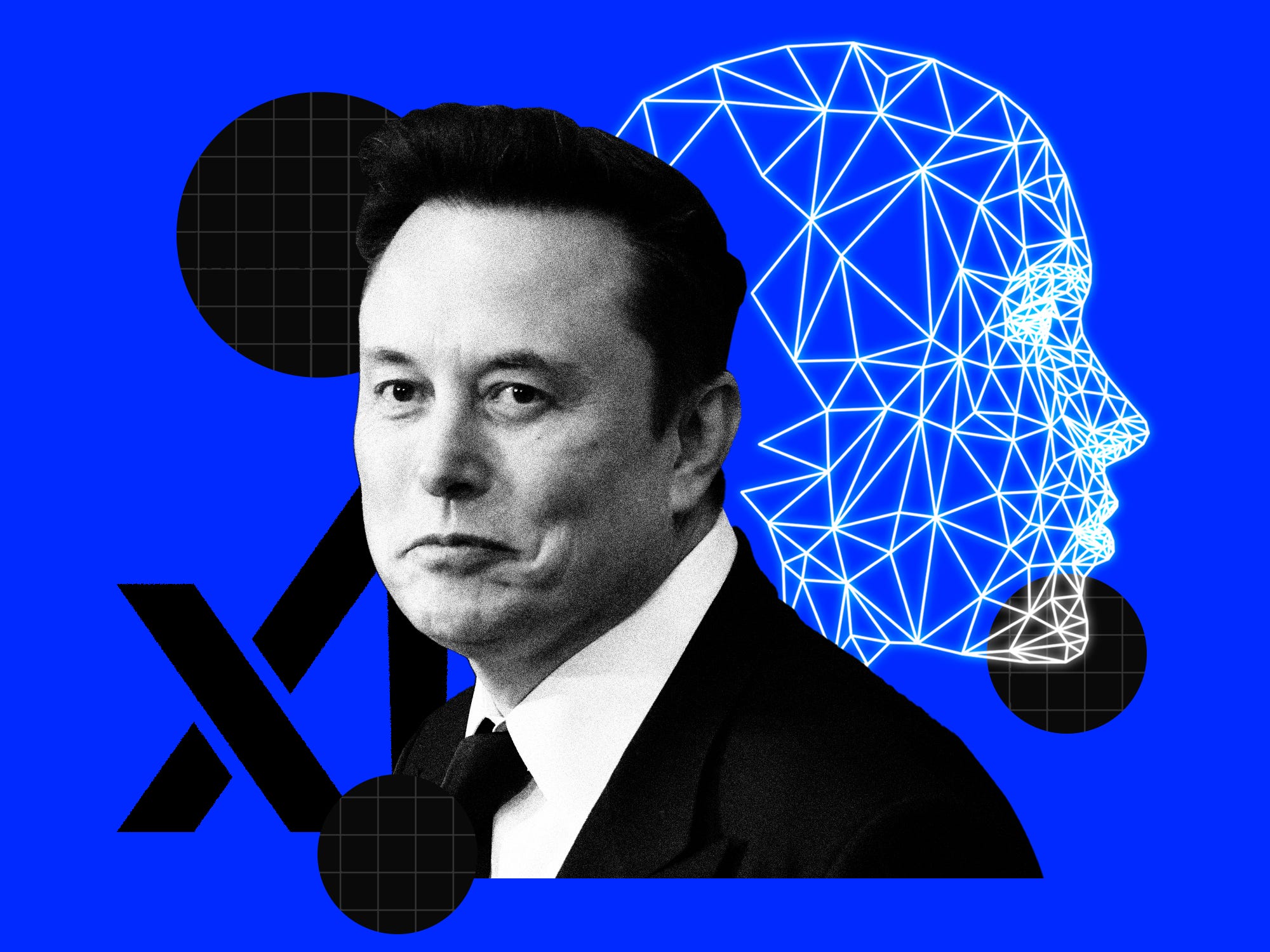 Photo collage featuring Elon Musk, xAI logo, and a low poly face scan