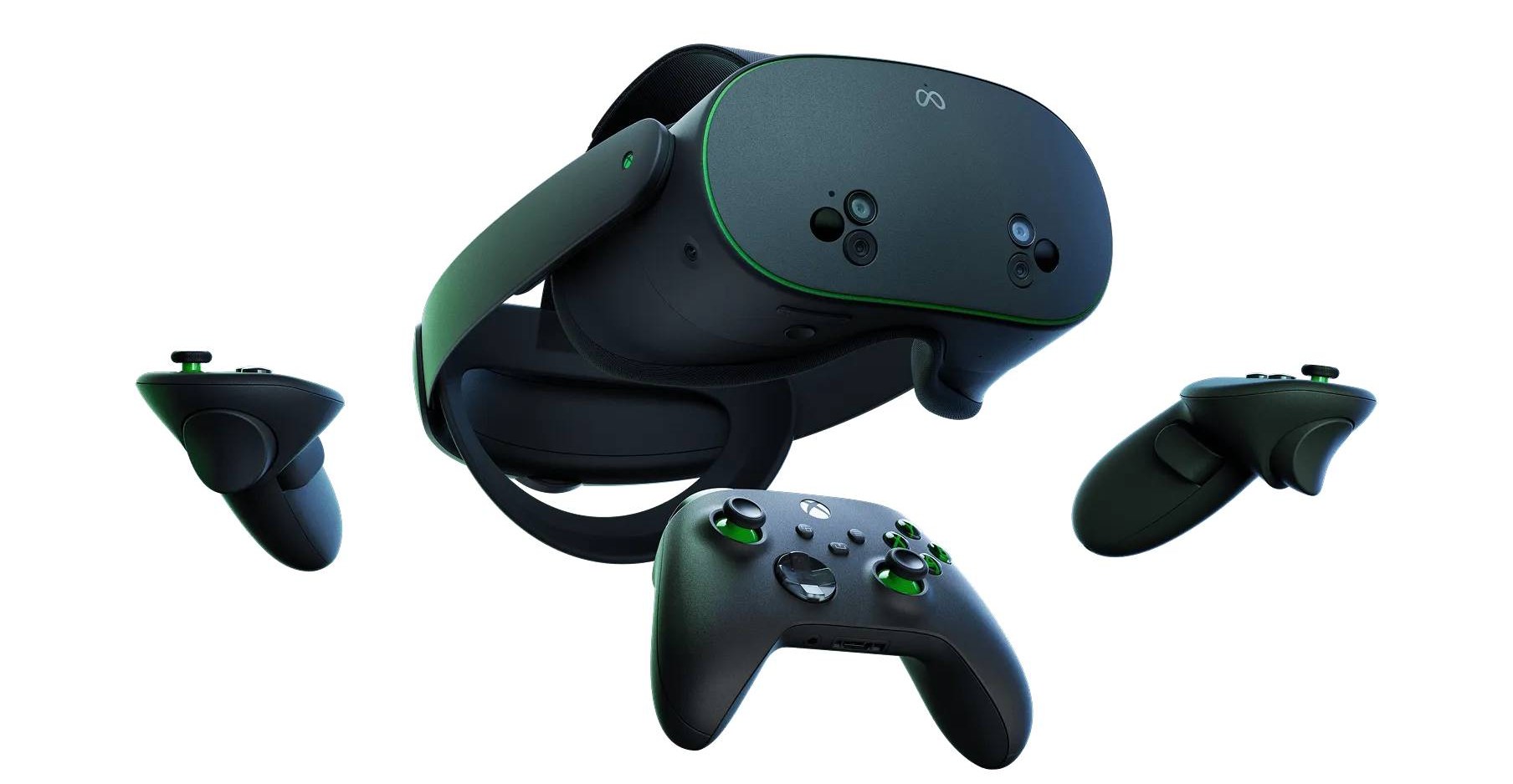 Xbox controllers and Meta Quest 3 Xbox Edition against a white background