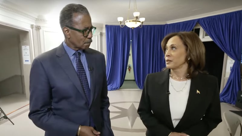 Bill Whitaker and Kamala Harris.