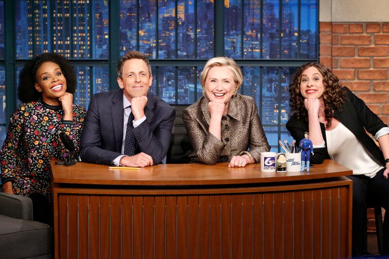 Amber Ruffin, host Seth Meyers, Hillary Rodham Clinton and Jenny Hagel during the sketch