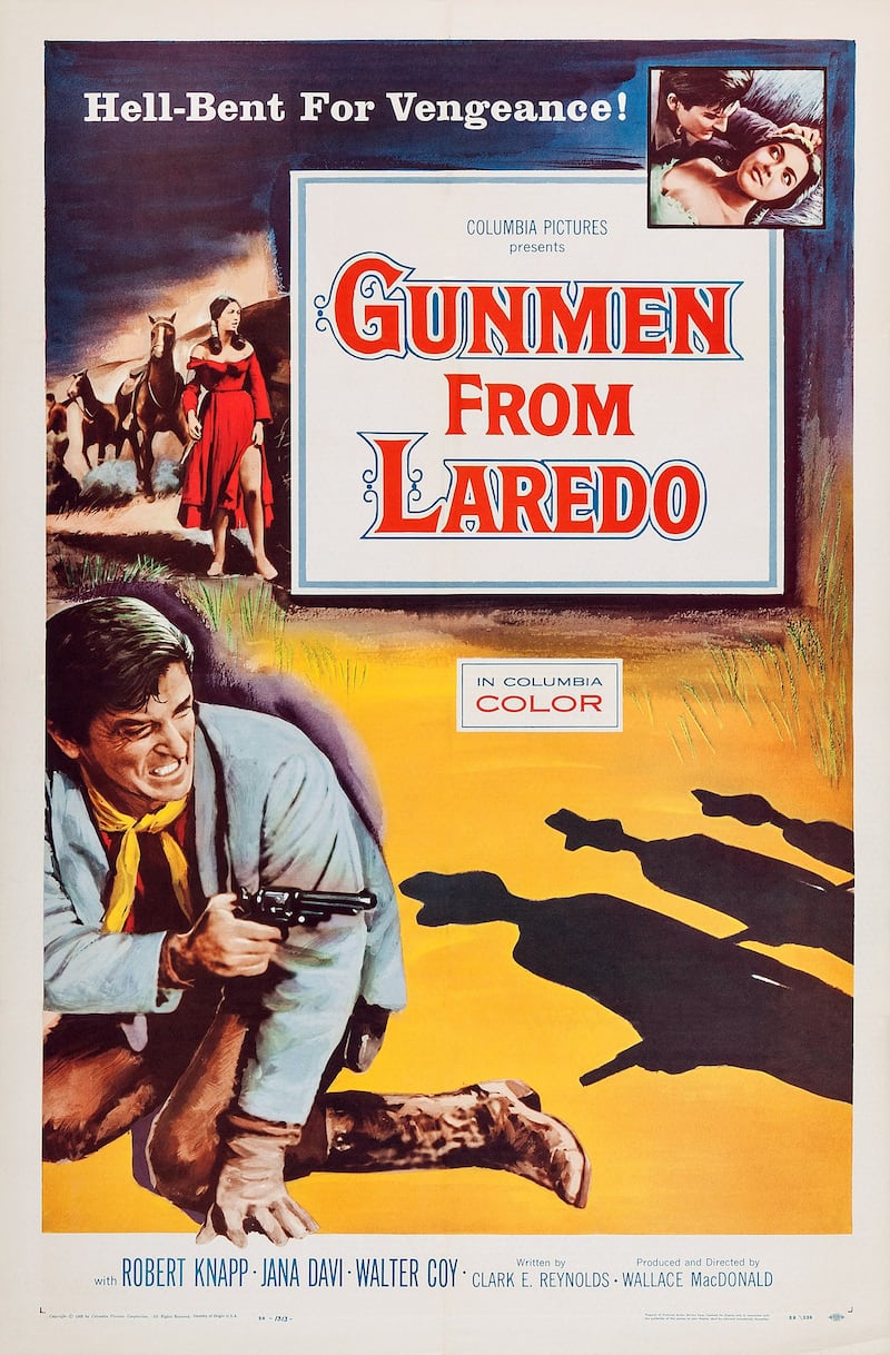Gunmen From Laredo, poster, US poster, Robert Knapp, top right: Robert Knapp, Jana Davi (aka Maureen Hingert), 1959.