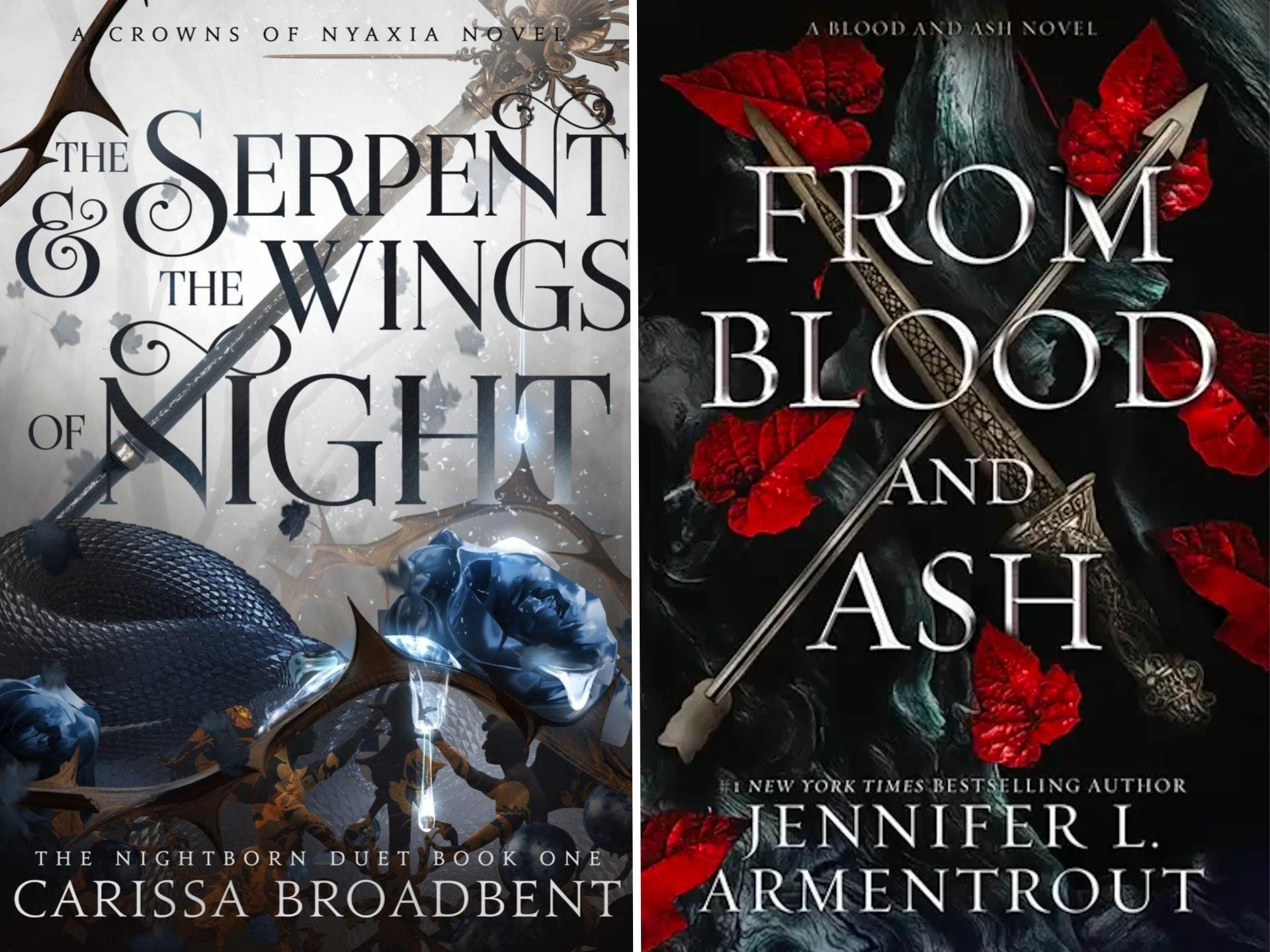 A side-by-side of the covers of "The Serpent and the Wings of Night" and "From Blood and Ash."