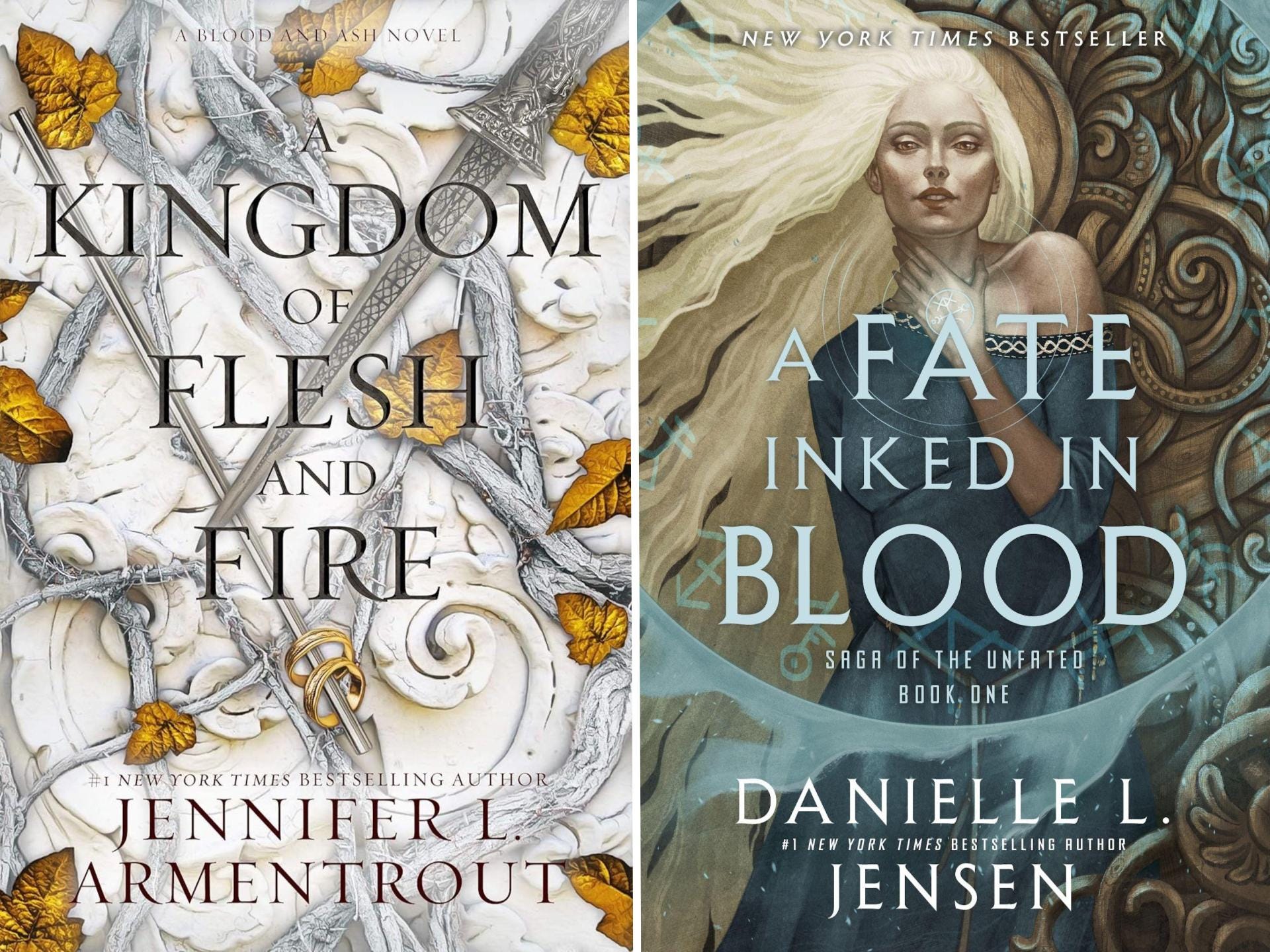 A side-by-side of "A Kingdom of Flesh and Fire" and "A Fate Inked In Blood."