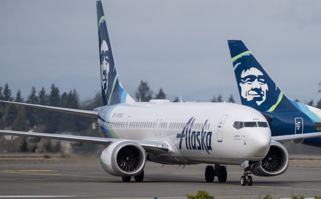 An Alaska Airlines Boeing 737 MAX 9 taxis at Seattle-Tacoma International Airport on March 25, 2024.