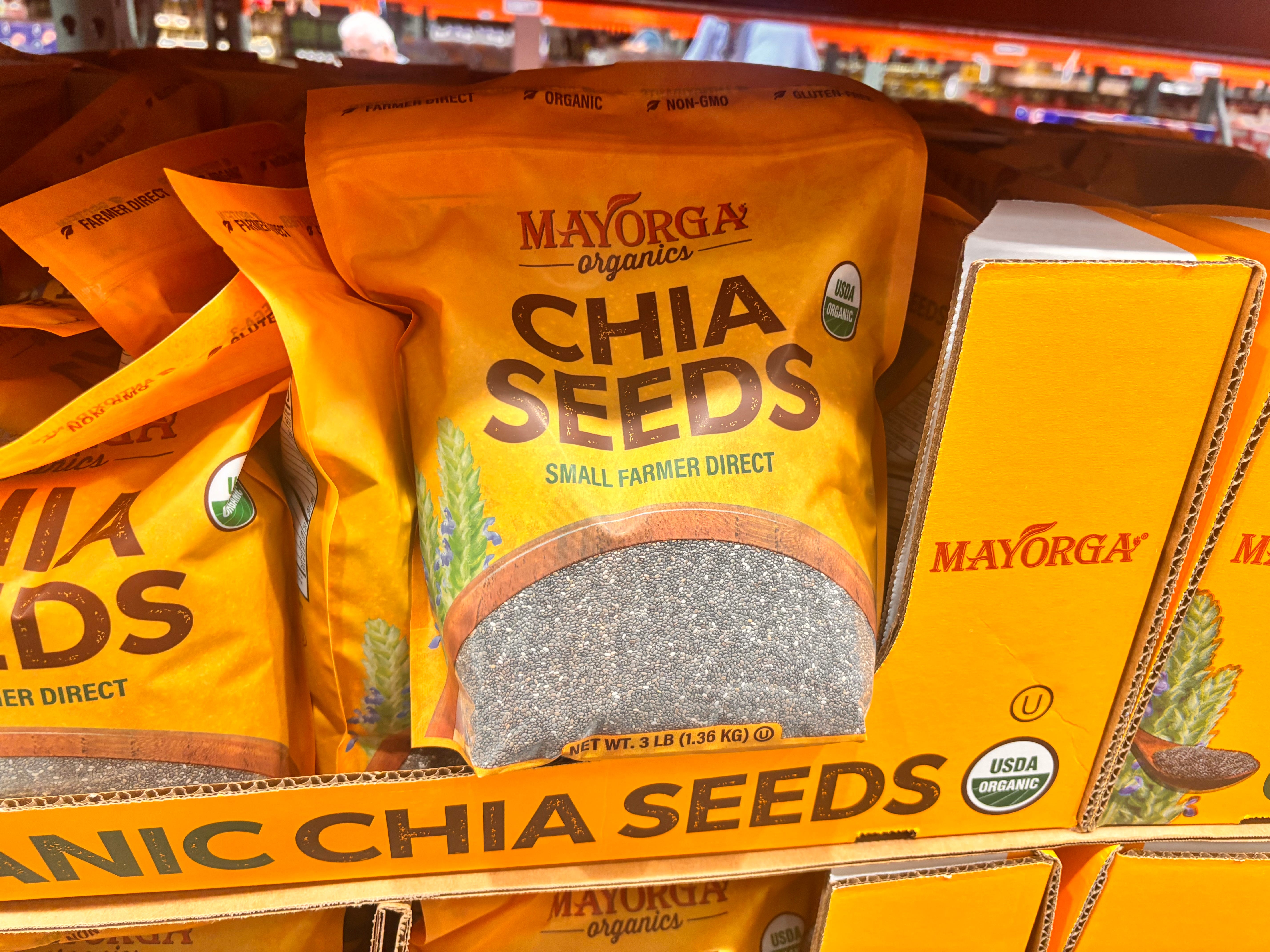 Mayorga organic chia seeds bag in box at Costco