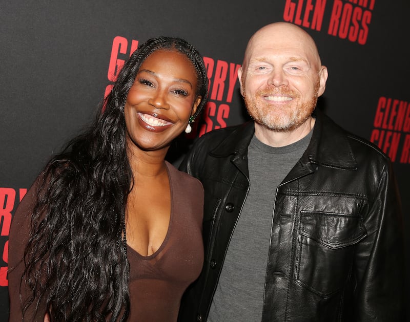 NEW YORK, NEW YORK - MARCH 31: Nia Hill and husband Bill Burr pose at the opening night of David Mamet's