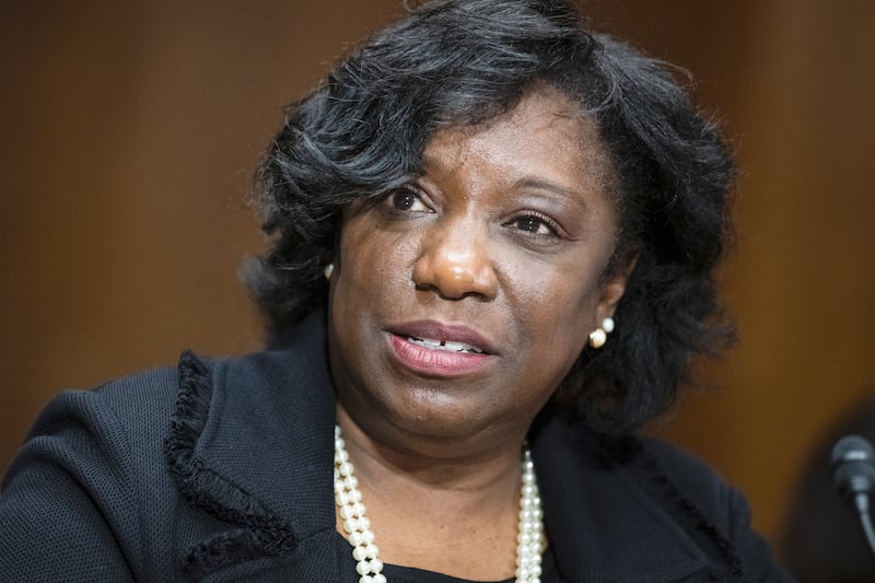 Trina Thompson testifies during her Senate Judiciary Committee confirmation hearing in Dirksen Building on Wednesday, February 16, 2022.