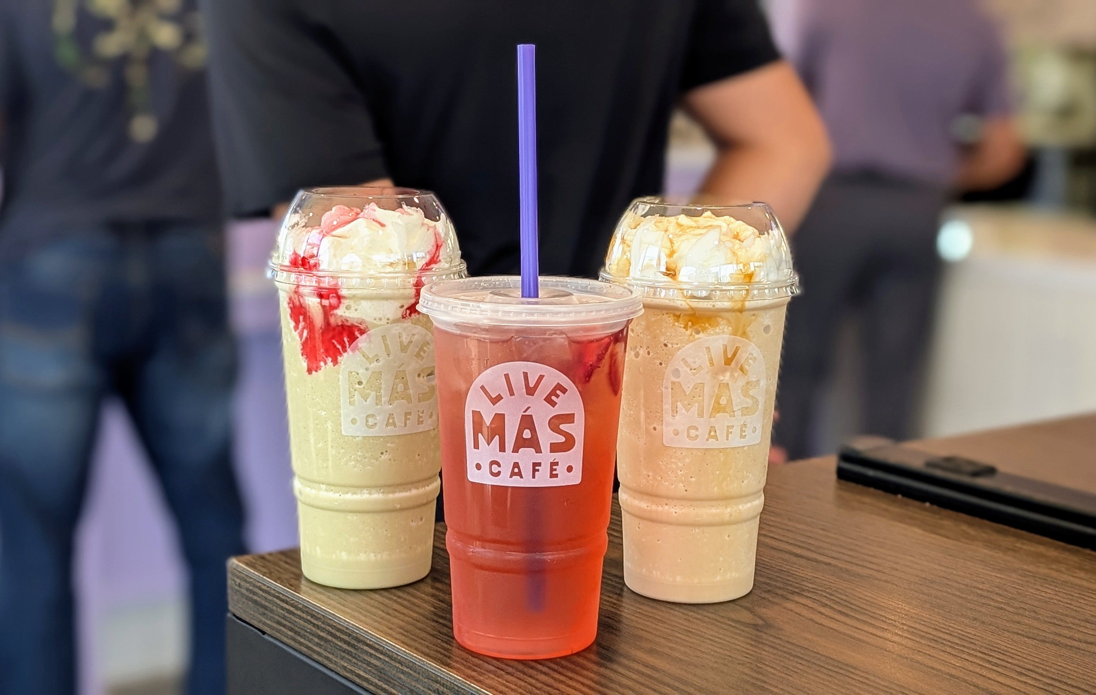 Strawberry Matcha Chiller, Strawberry Passion Fruit Agua Refresca,Cinnabon Caramel Latte Chiller. at Taco Bell