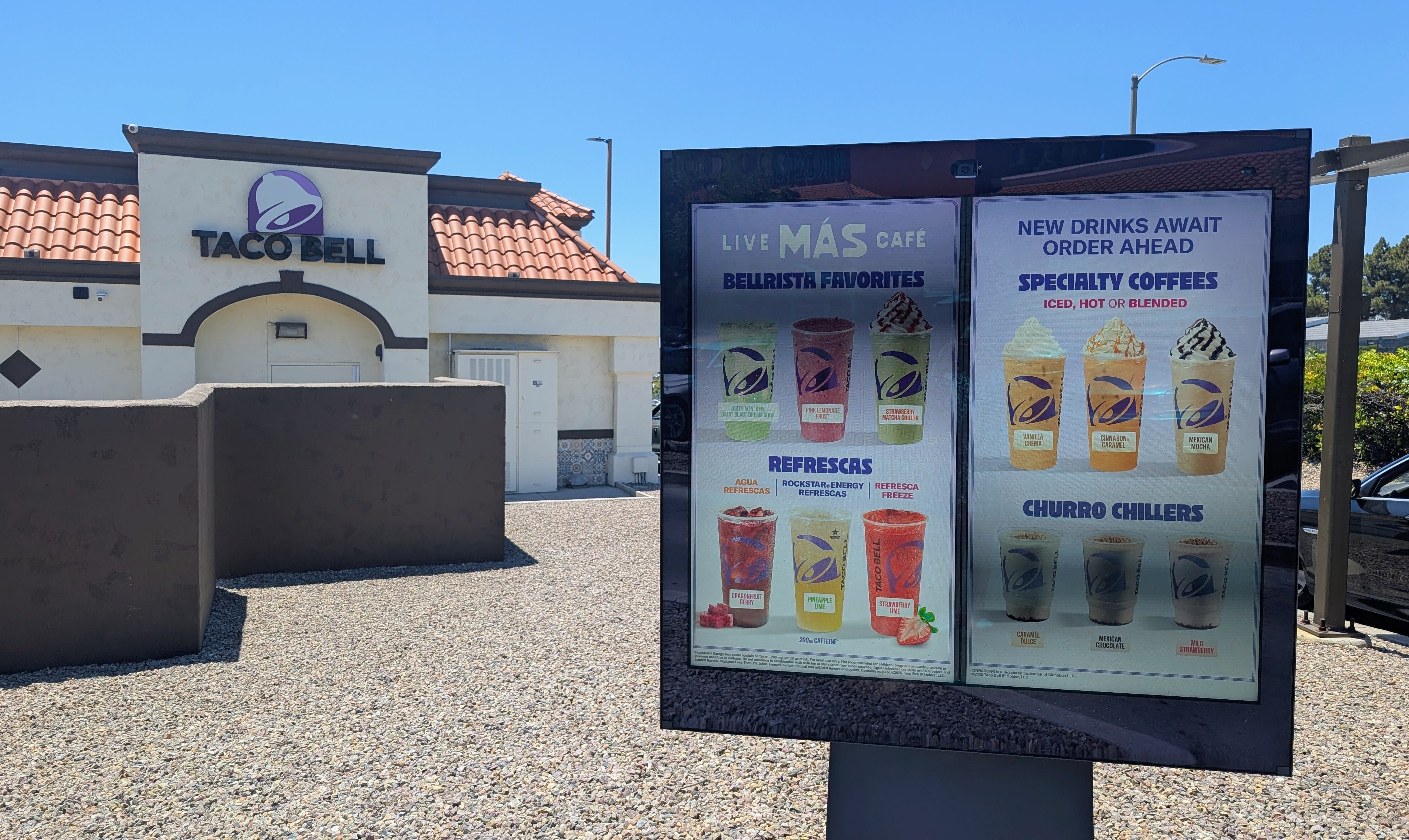 Taco Bell drive-thru menu with live mas drinks