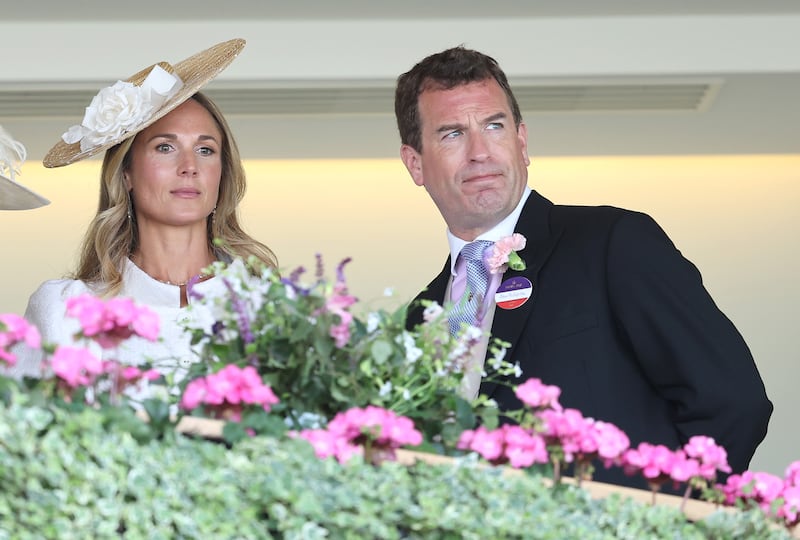 ASCOT, ENGLAND - JUNE 17: Harriet Sperling and Peter Phillips smile as they attend day one of Royal Ascot at Ascot Racecourse on June 17, 2025 in Ascot, England. (Photo by Chris Jackson/Getty Images)