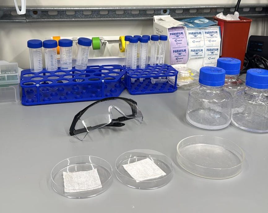 A picture of a lab set up, showing Kingsfoil in both gauze and gel form/
