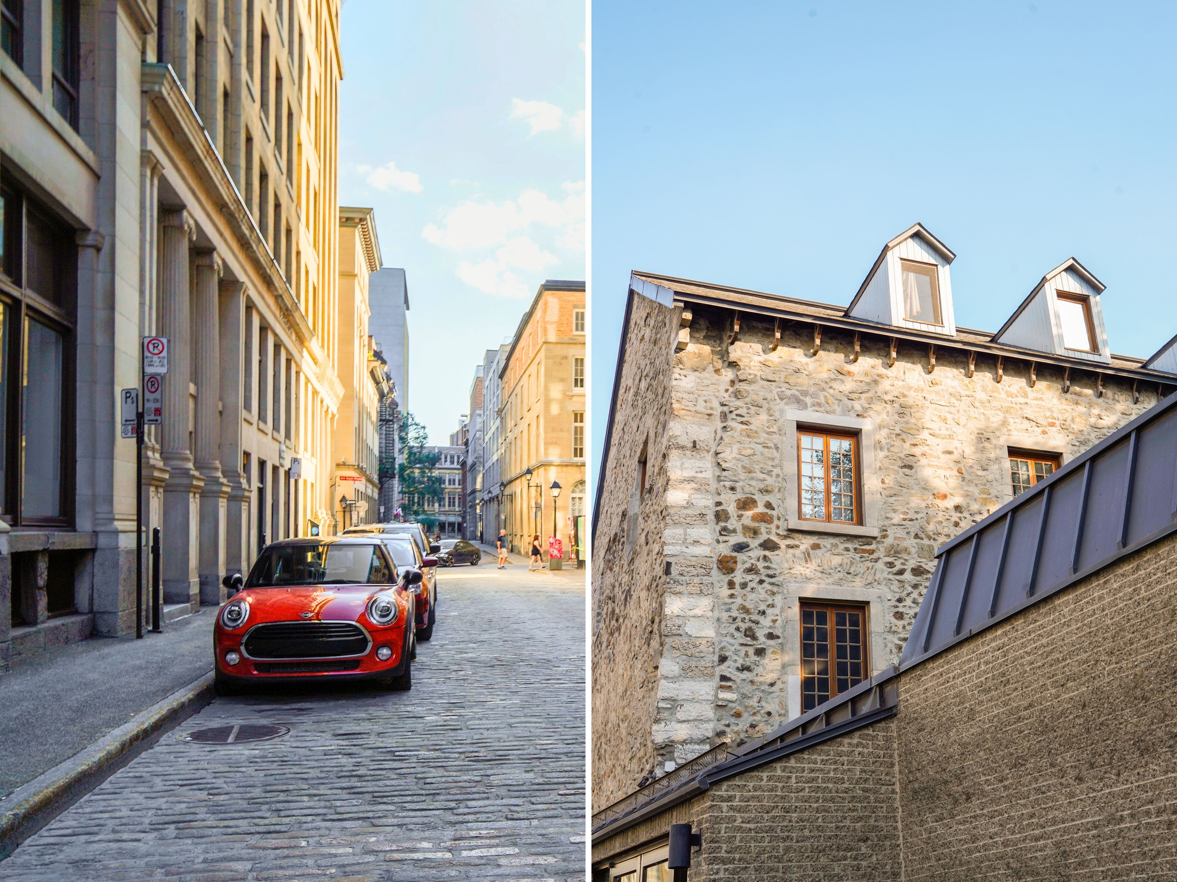 A composite image of cars parked on a cobblestone street and a stone building in Old Montreal