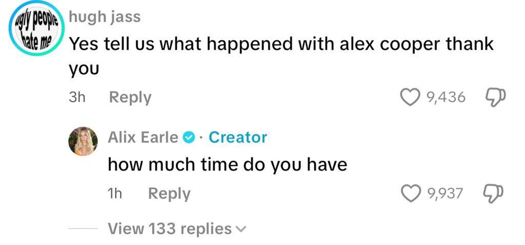 Alix Earle's TikTok comment about Alex Cooper