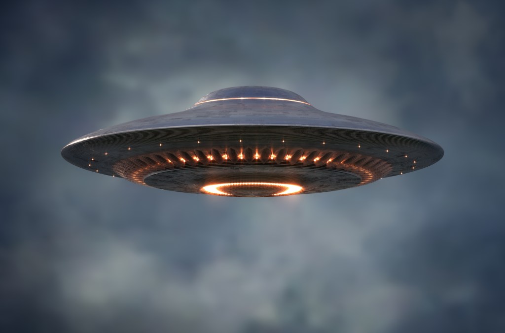3D illustration of a UFO in the sky.