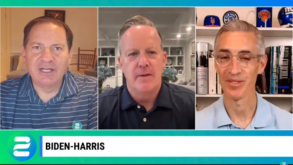 Three men in video conference discussing Biden-Harris.