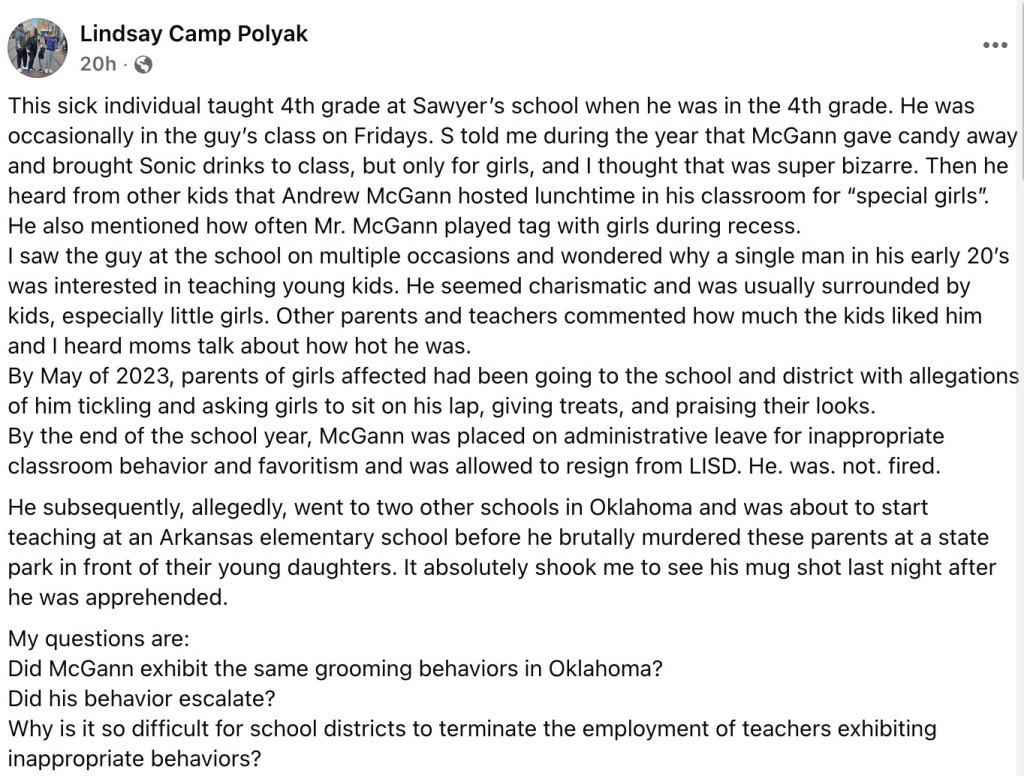Screenshot of a Facebook post detailing allegations of grooming and murder against a former teacher.