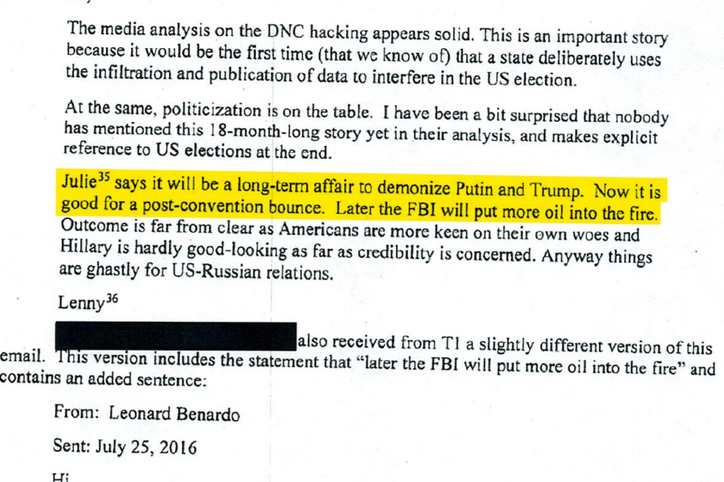 Declassified email from Leonard Benardo to Julie, discussing the 2016 US election.