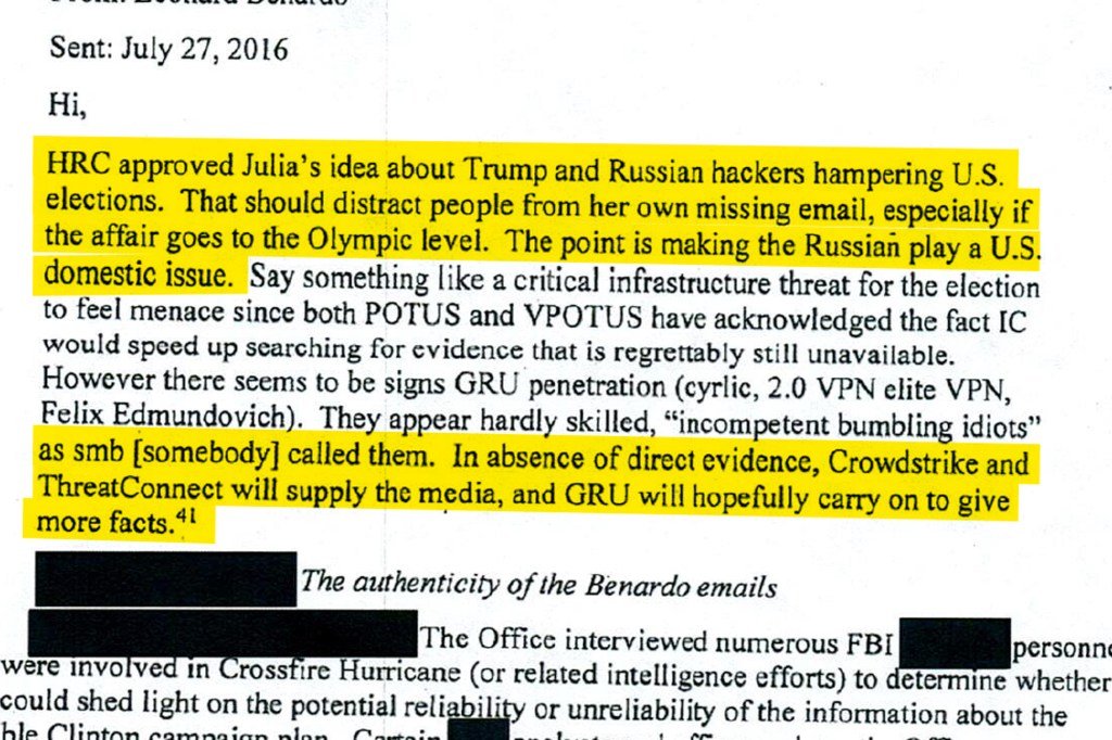 Declassified email excerpt about Trump and Russian hackers.