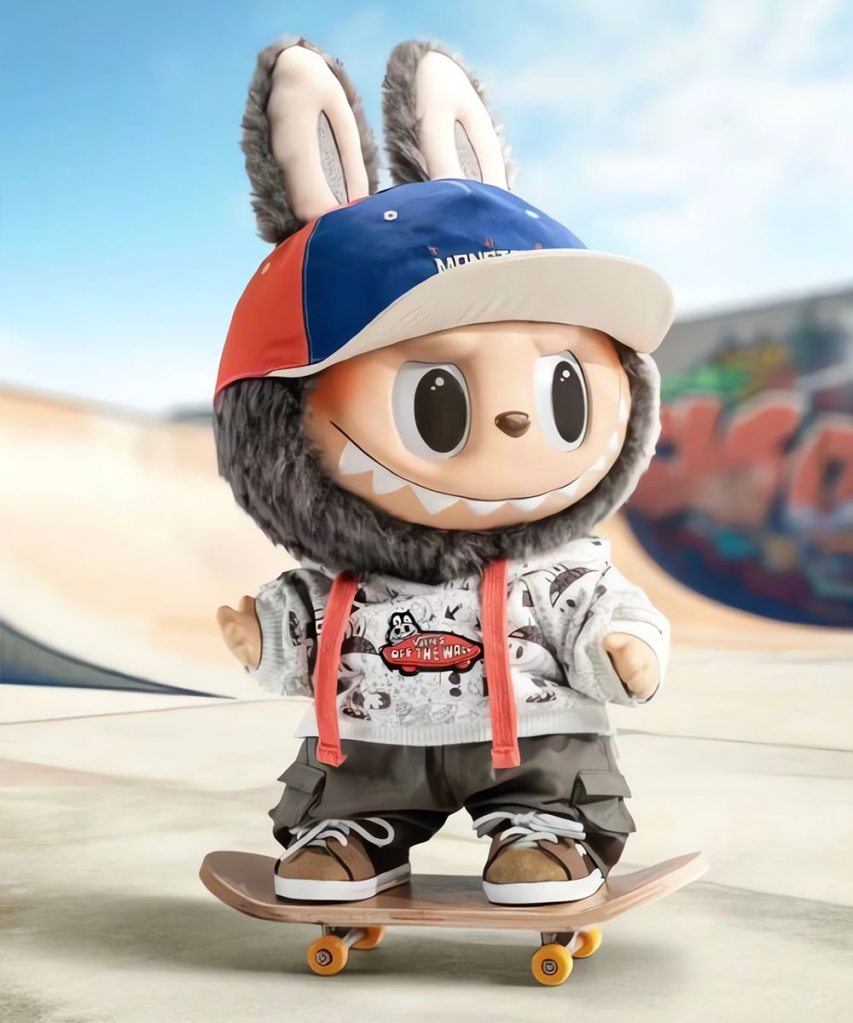 Labubu x Vans Old Skool vinyl plush doll skateboarding.