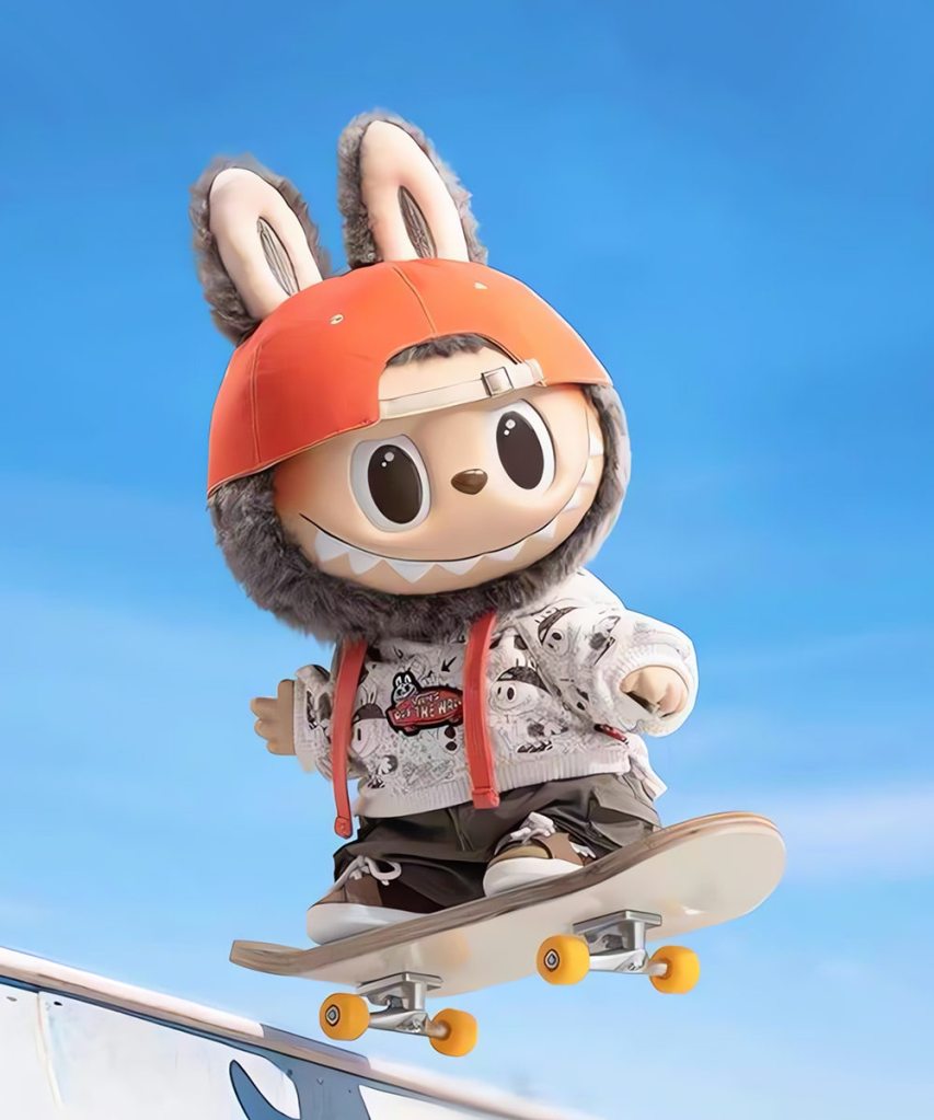 Labubu x Vans Old Skool vinyl plush doll skateboarding.