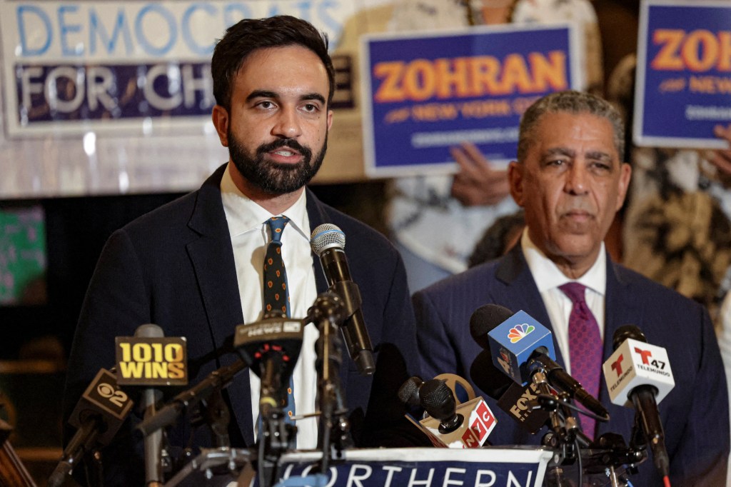 New York City mayoral candidate Zohran Mamdani and U.S. Rep. Adriano Espaillat at a press conference.