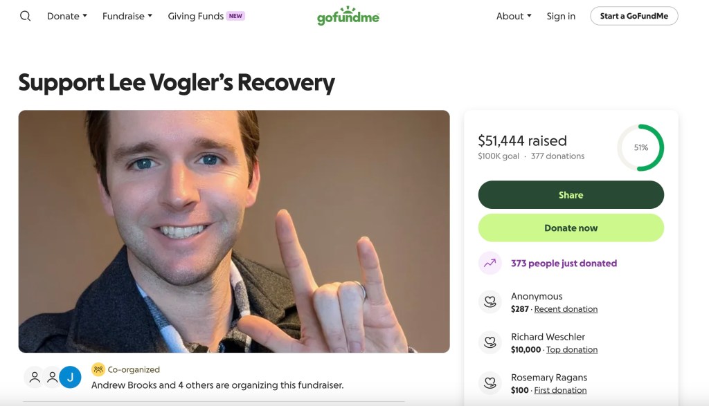 GoFundMe page for Lee Vogler's recovery, showing $51,444 raised of a $100,000 goal.