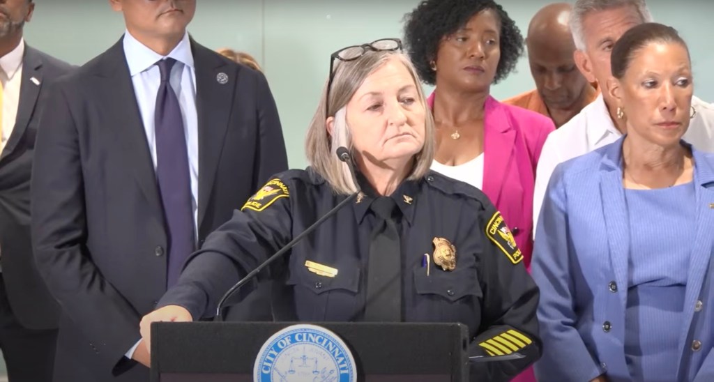 Cincinnati Police Chief Teresa Theetge at a press conference.