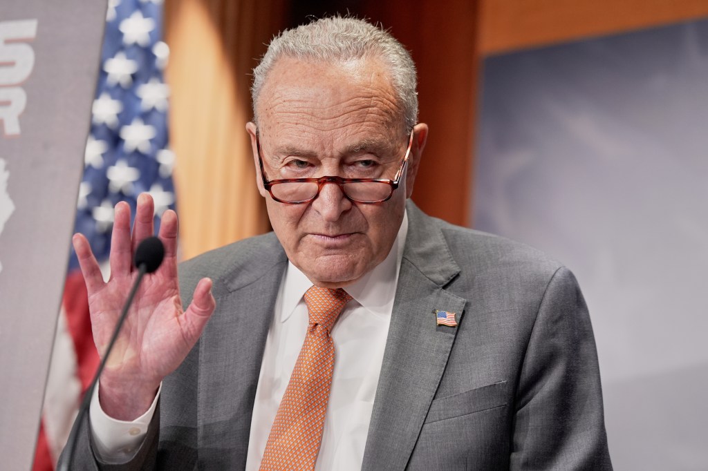 Chuck Schumer speaking at a news conference.