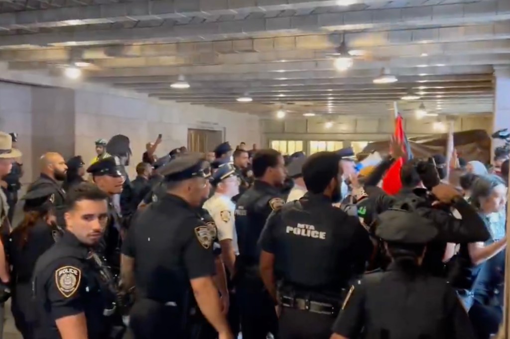 NYPD and MTA police officers confronting Palestine protestors at Grand Central Station.