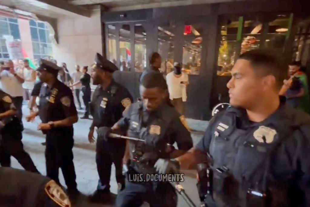 NYPD officers interacting with Palestine protesters at Grand Central Terminal.