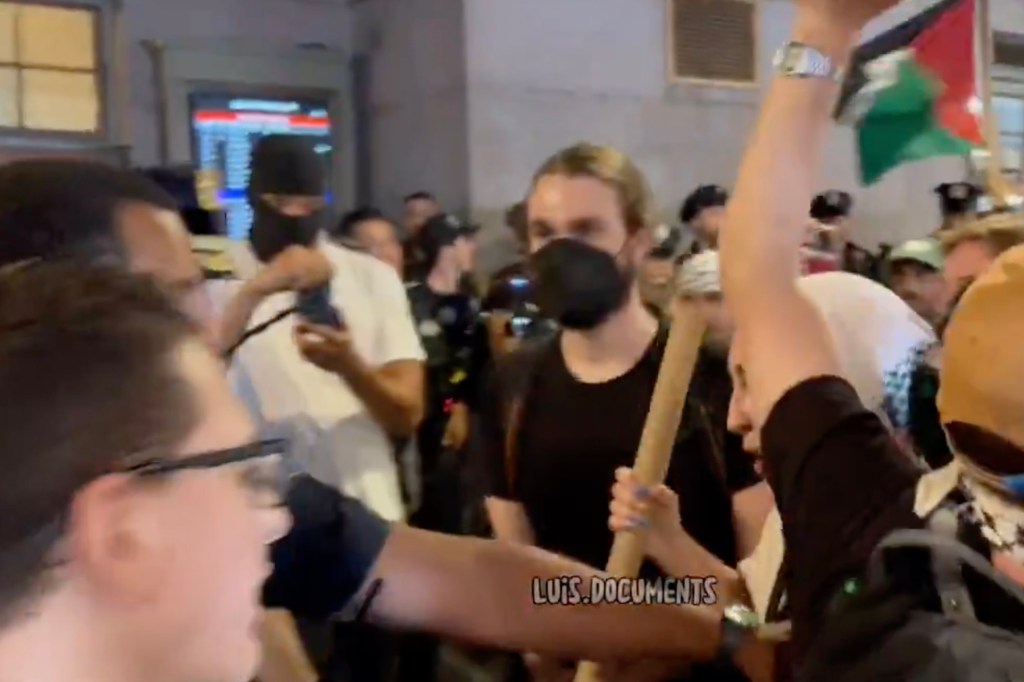 Footage of a scuffle between NYPD officers and Palestine protestors at Grand Central Terminal.
