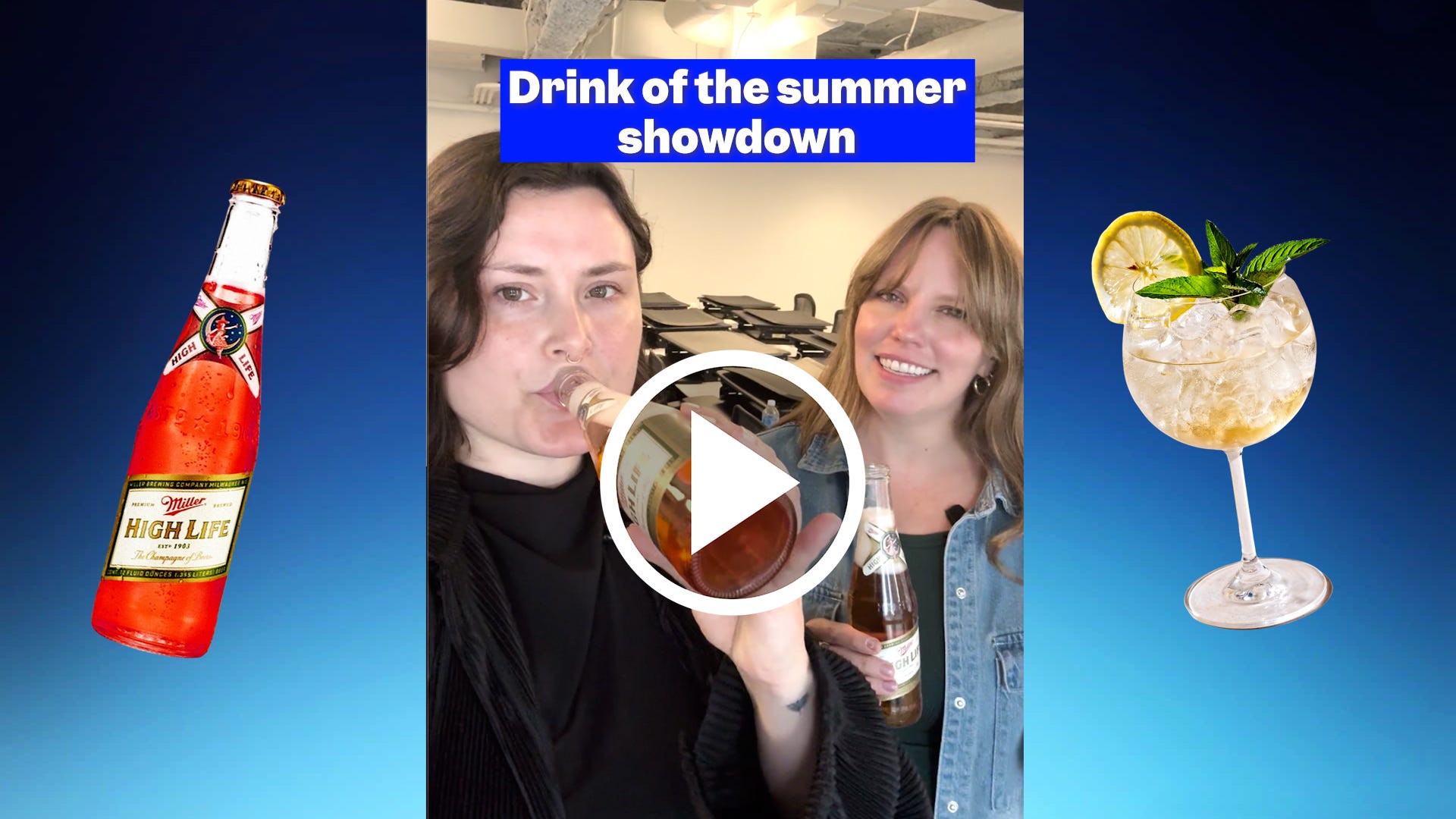 Image of Callie Ahlgrim and Emily Stewart featuring the Spaghett and the Hugo Spritz with on-screen text: Drink of the summer showdown