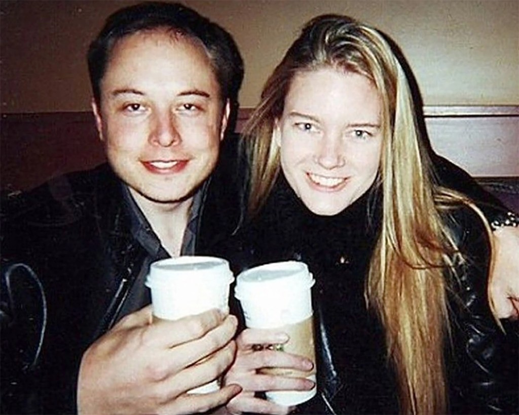 Elon Musk and Justine Wilson holding coffee cups.
