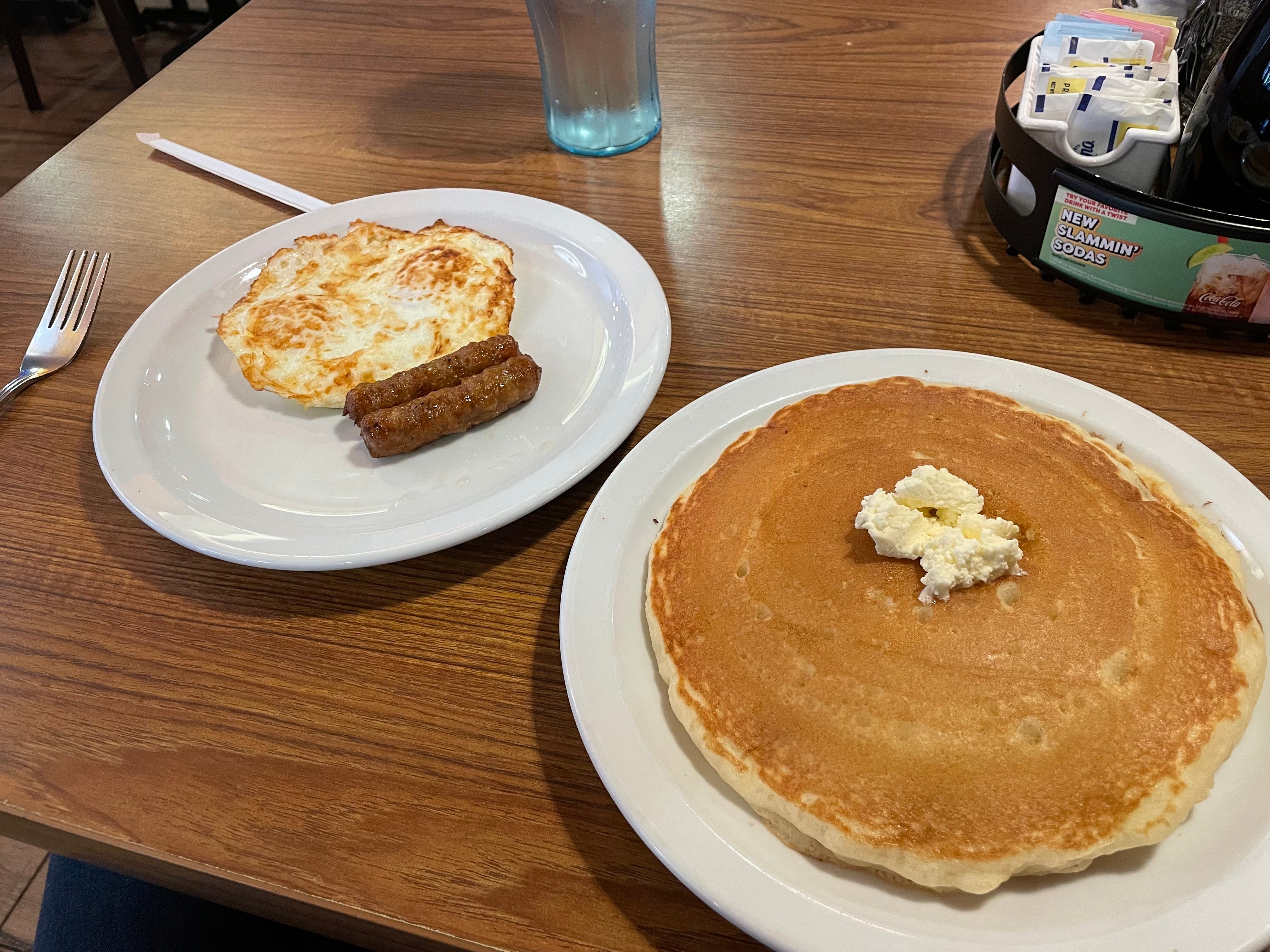 Egg, sausage, pancake at Denny's
