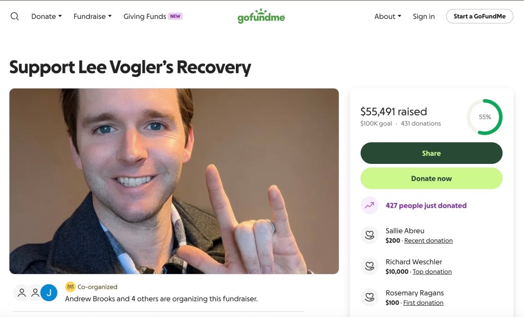 GoFundMe page for Lee Vogler's recovery; $55,491 of $100,000 goal raised.