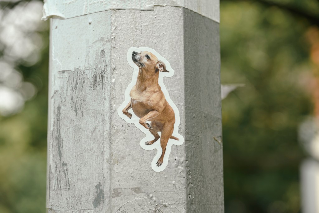 A picture of a dog on a pole. 