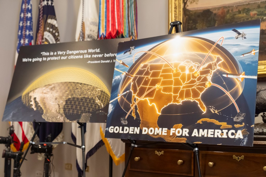 Illustrations of the Golden Dome for America missile defense shield.