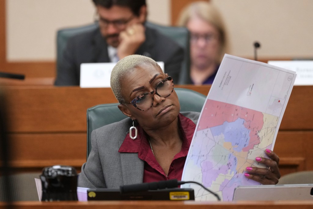 A woman reviews a redistricting map.