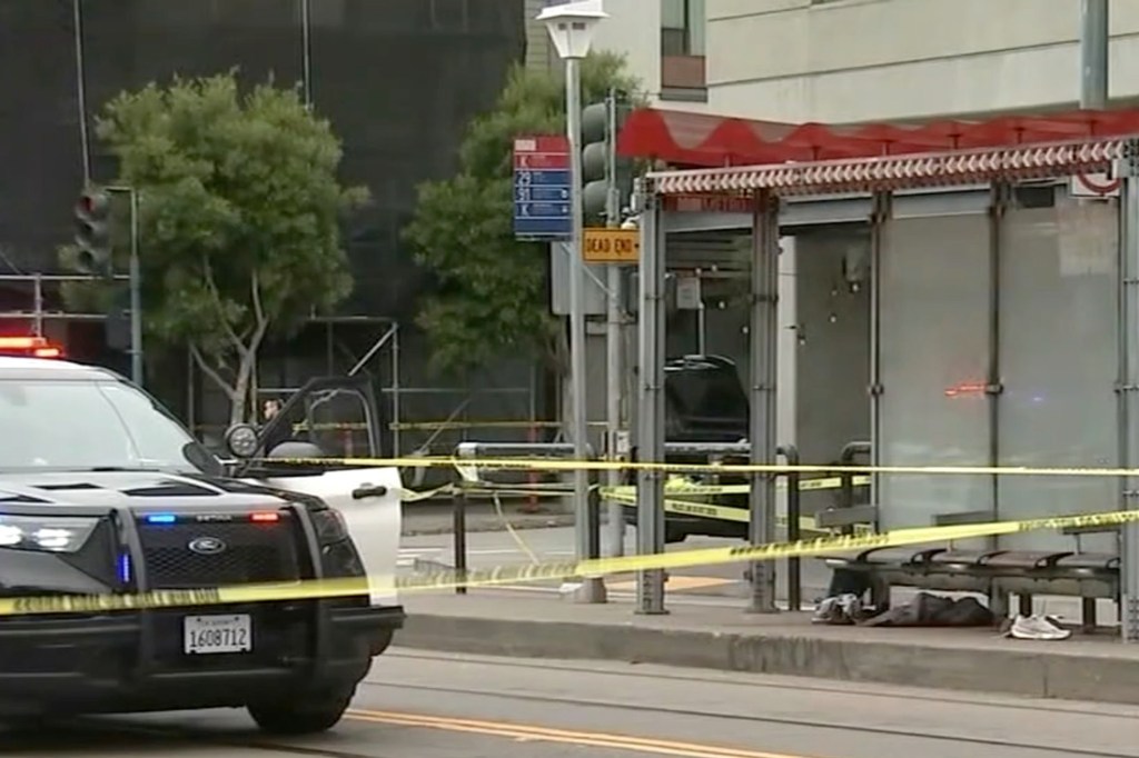 Crime scene at a San Francisco bus stop.
