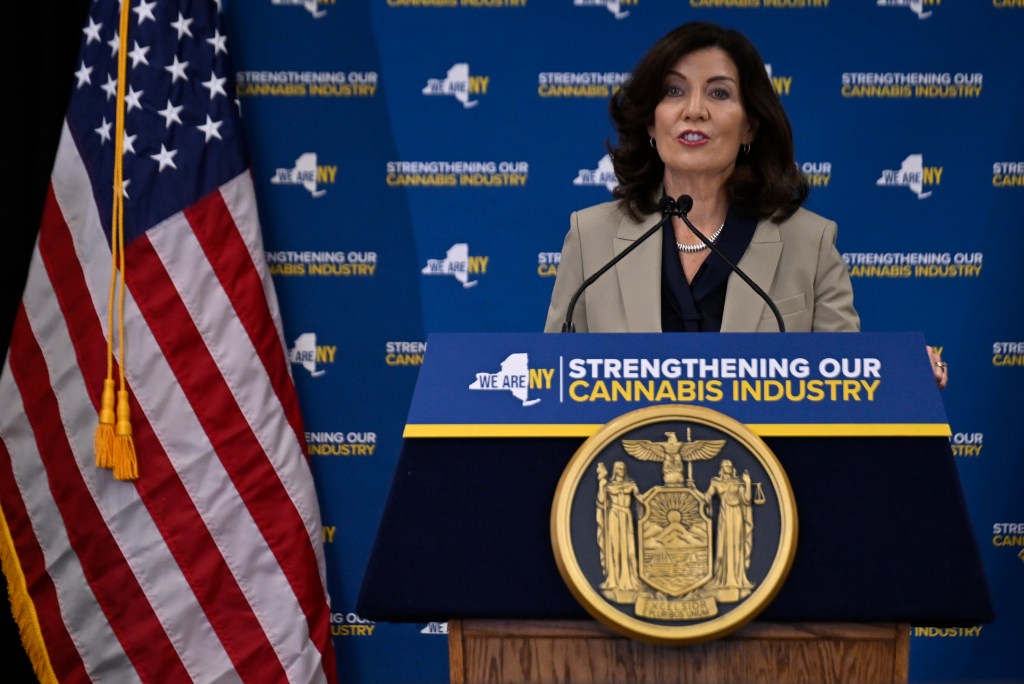 Gov. Hochul speaking at a cannabis enforcement announcement.