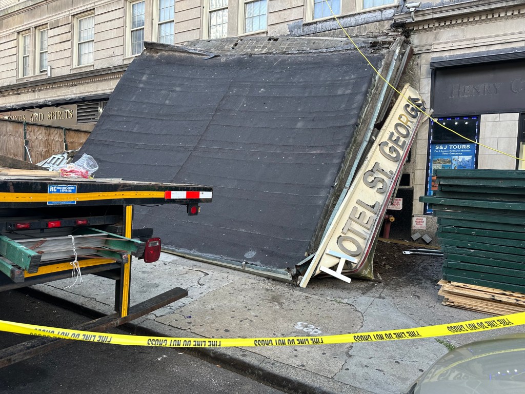 Collapsed awning of the Hotel St. George in Brooklyn.
