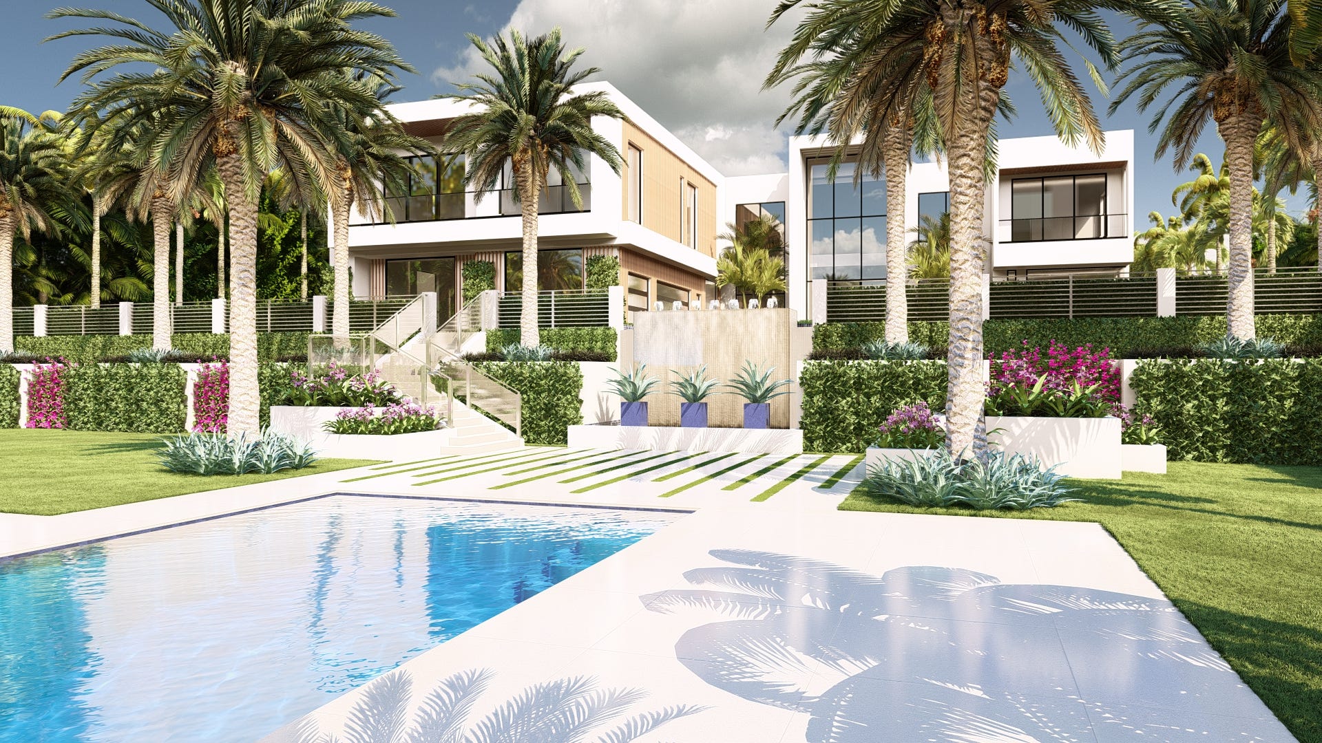 A 3D rendering of a modern Miami home with palm trees.