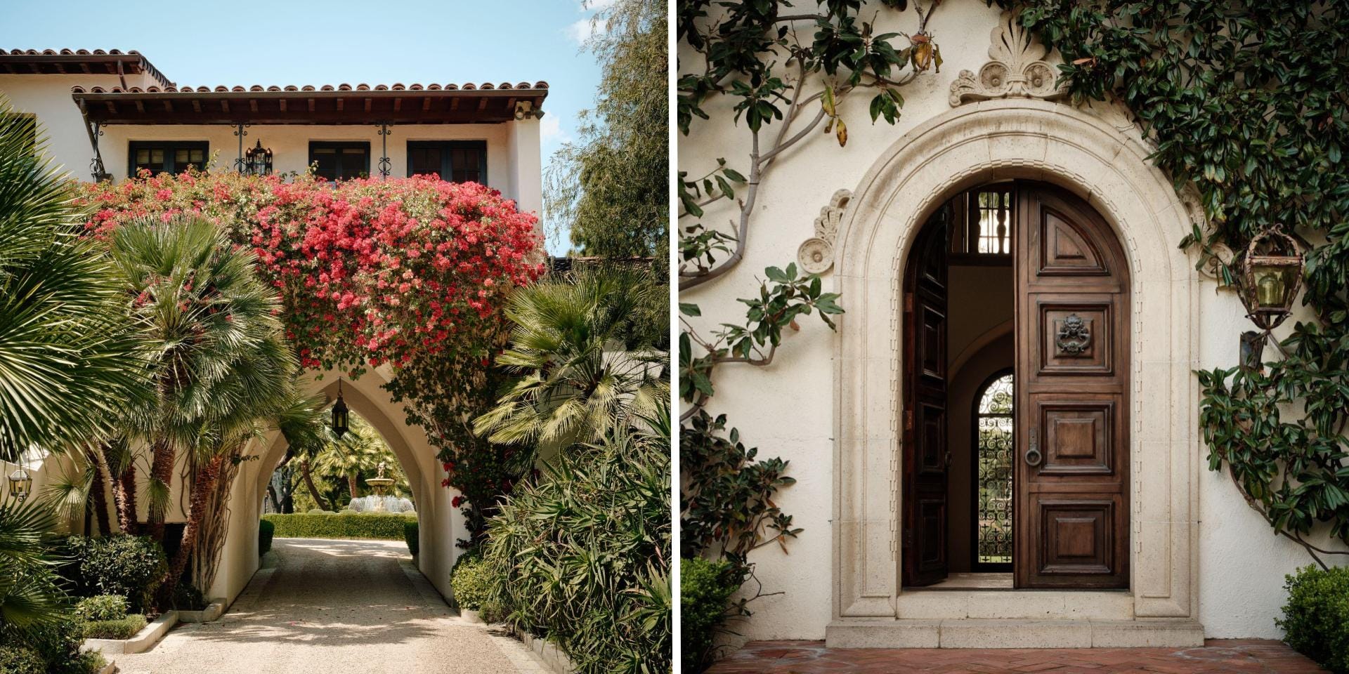 A side-by-side image of an archway and a front door to a Los Angeles estate.